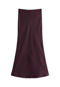 Bordowa spódnica midi wykonana z gładkiego, lekkiego materiału o rozkloszowanym kroju, bez widocznych zdobień czy wzorów.