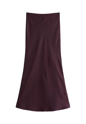 Bordeaux midi-rok gemaakt van glad, lichtgewicht materiaal met een uitlopende silhouet en zonder zichtbare versieringen of patronen.