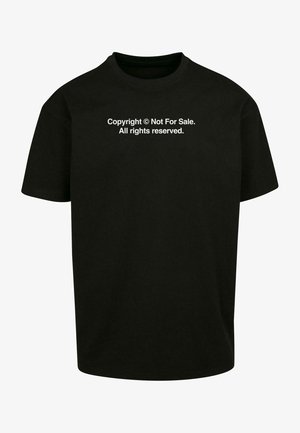 Sort bomulds t-shirt med korte ærmer, der har hvid tekst: "Copyright © Ikke til salg. Alle rettigheder forbeholdes." Rent, minimalistisk design.
