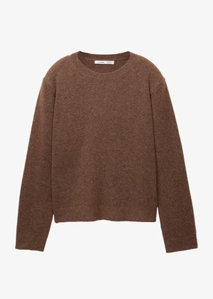 Ruskea neulottu pyöreäkauluksinen pusero, jossa pitkät hihat sekä resorit hihansuissa ja helmassa, yksivärinen malli.