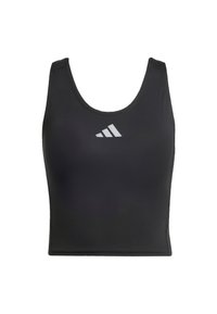 Crni atletski crop top od glatkog materijala. Ima okrugli izrez i bijeli reflektirajući logo na prsima. Jednostavan dizajn.