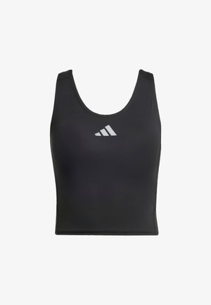 Top corto sportivo nero realizzato in materiale liscio. Presenta uno scollo a U e un logo bianco riflettente sul petto. Design semplice.