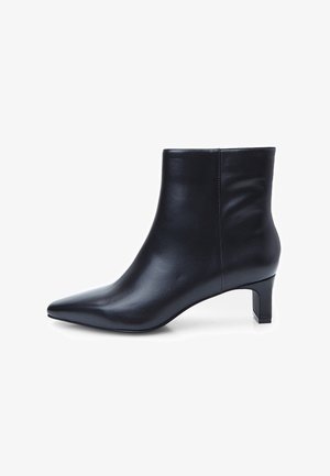 Black leather ankle boot with a pointed toe and a 2-inch block heel. Smooth texture with a clean silhouette and subtle stitching details.