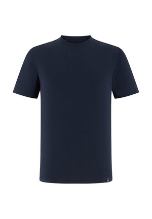T-shirt bleu marine à manches courtes et col rond avec une petite étiquette noire sur l'ourlet inférieur gauche, sur fond blanc.