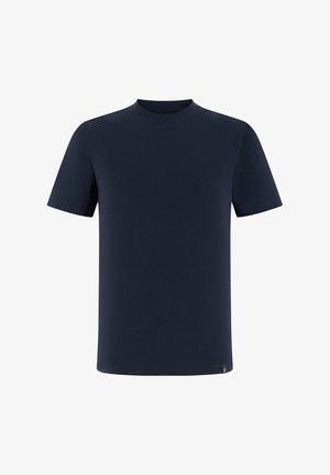 T-shirt bleu marine à manches courtes et col rond avec une petite étiquette noire sur l'ourlet inférieur gauche, sur fond blanc.