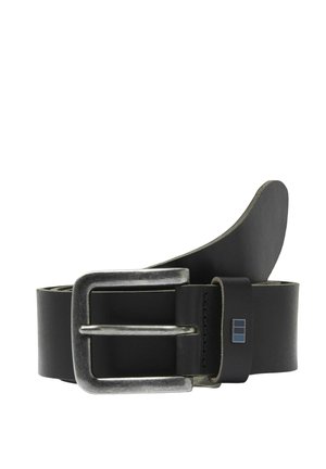 Black leather belt rolled with silver metal buckle and small rectangular blue logo on belt loop.