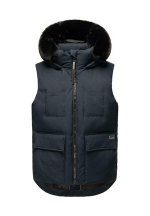 Vesta căptușită bleumarin, cu glugă căptușită cu blană sintetică, fermoar frontal, două buzunare la piept și două buzunare inferioare cu clapetă. Textură netedă cu finisaj mat.