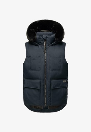 Vesta căptușită bleumarin, cu glugă căptușită cu blană sintetică, fermoar frontal, două buzunare la piept și două buzunare inferioare cu clapetă. Textură netedă cu finisaj mat.