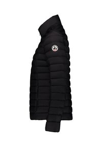 Giacca a piumino nera trapuntata con colletto alto e cerniera, con logo a patch circolare sulla parte superiore della manica.