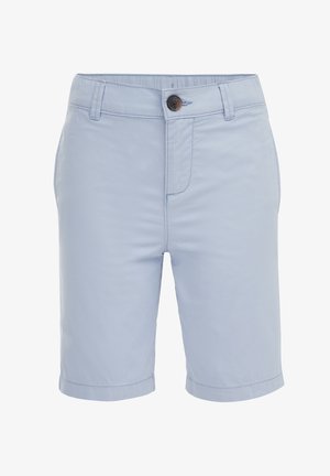 Jasnoniebieskie szorty do kolan z guzikiem i szlufkami na pasek, przednim zamkiem błyskawicznym oraz bocznymi kieszeniami, na białym tle.