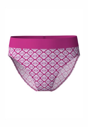 Roze gestippelde slipjes met een effen roze tailleband. De stof heeft een herhalend bloemmotief in verschillende tinten roze en wit.