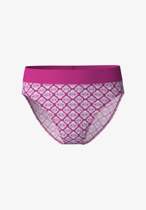 Roze gestippelde slipjes met een effen roze tailleband. De stof heeft een herhalend bloemmotief in verschillende tinten roze en wit.