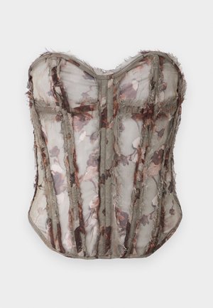 Ziedu raksta caurspīdīgs korsets muted olīvkrāsā, ar strukturētām paneļiem un neapstrādātām malām, ar sirds formas izgriezumu un sarežģītu šuvumu.