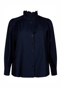 Blusa blu navy con collo alto arricciato, chiusura a bottoni e maniche lunghe a sbuffo con estremità a polsino. Realizzata in tessuto leggero.