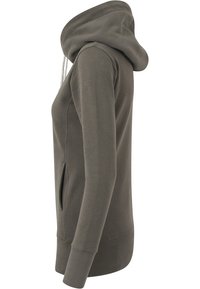 Hooded sweatshirt in olive green, made of soft fabric, featuring a front pocket and ribbed cuffs. Hood with drawstring detail.