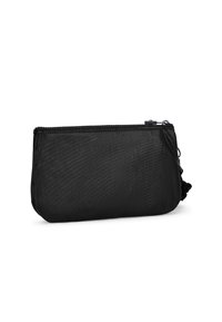 Pochette nera con cerniera, realizzata in tessuto testurizzato, caratterizzata da una forma tondeggiante e un morbido accento pom-pom su un lato.