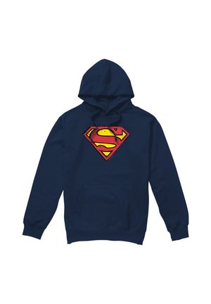 Navy blue hoodie with front pocket and yellow-red Superman logo on the chest.