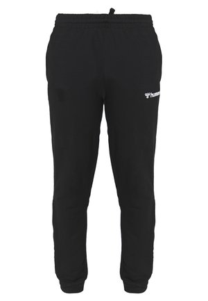 Black sweatpants made from soft fabric, featuring an elastic waistband and a logo on the left thigh. Tapered legs with cuffed hems.
