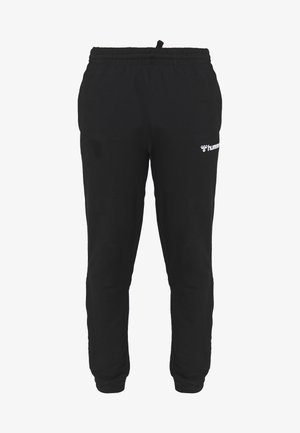 Schwarze Sweatpants aus weichem Stoff, mit einem elastischen Bund und einem Logo am linken Oberschenkel. Schmale Beine mit Bündchen am Saum.