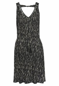 Robe noire sans manches avec un col en V, ornée d'un motif abstrait blanc, taille à cordon de serrage et détail décoratif avec pompon.