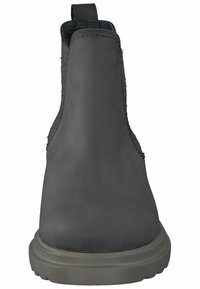 Šedé kožené kotníkové boty s hladkým povrchem, elastickými bočními panely a silnou, strukturovanou gumovou podrážkou. Klasický design Chelsea bot.