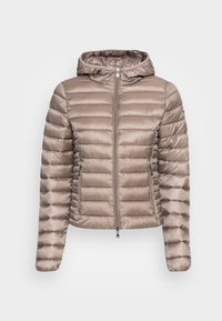 Padded hooded jacket in light beige with a shiny finish, featuring quilted design, zippered front, and two side pockets.