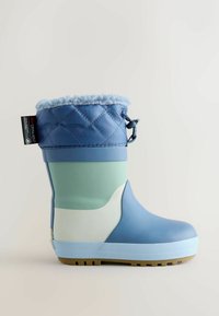 Blue and light green waterproof boot with a quilted blue top, soft fur lining, and rubber sole; features multicolored sections and a textured grip.