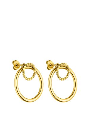 Goldene Creolen mit einem kleineren Perlenkreis, der innen an jedem größeren glatten Kreis befestigt ist, mit Stecker und Schmetterlingsverschluss.
