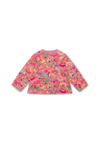 Langsleeve top in roze stof met een levendig bloemenpatroon in verschillende kleuren; ronde halslijn en een losse pasvorm met omgeslagen mouwen.