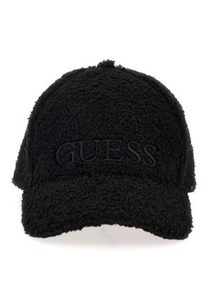 Czarna teksturowana czapka z zakrzywionym daszkiem i wypukłym logo "GUESS" wyhaftowanym na środkowym przodzie.
