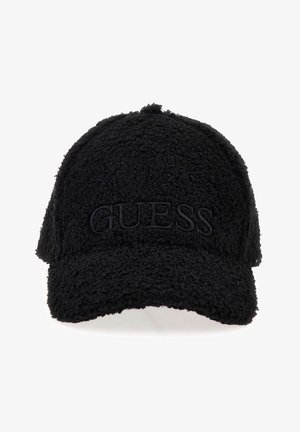 Czarna teksturowana czapka z zakrzywionym daszkiem i wypukłym logo "GUESS" wyhaftowanym na środkowym przodzie.