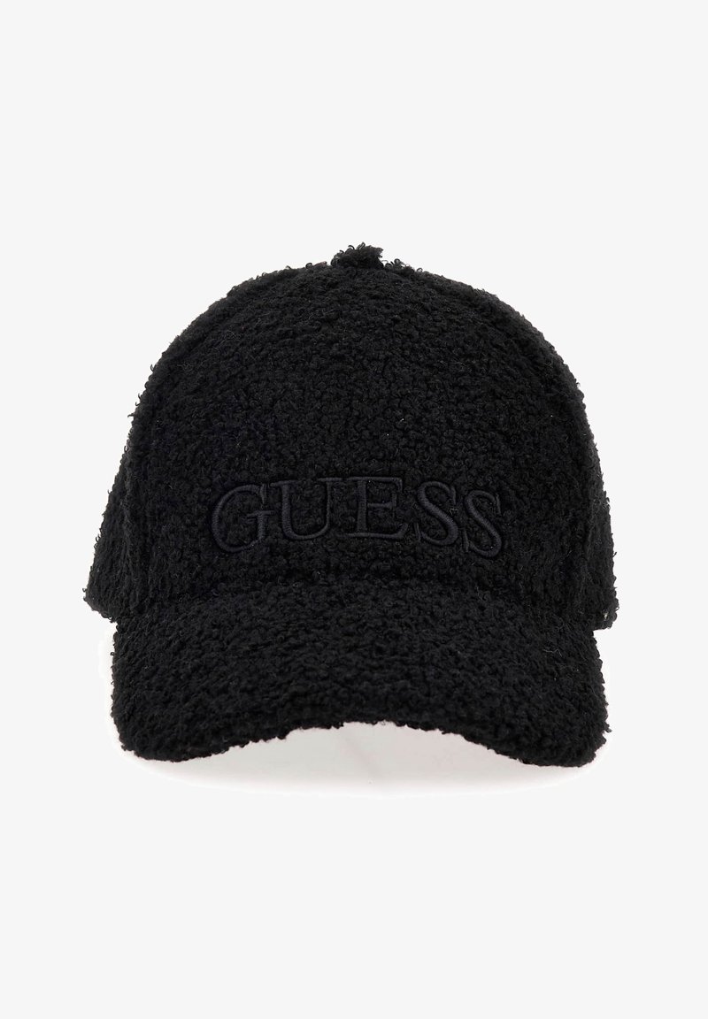 Casquette noire texturée avec une visière incurvée et un logo "GUESS" en relief brodé au centre avant.