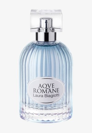 Blauwe geribbelde glazen parfumfles met zilveren spraytop, gelabeld "AQVE ROMANE Laura Biagiotti."