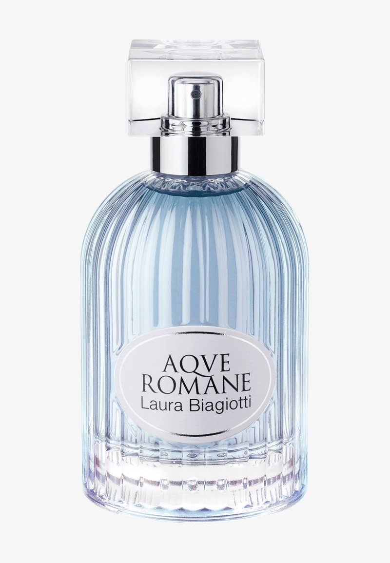 Flacon de parfum en verre bleu côtelé avec pulvérisateur argenté étiqueté "AQVE ROMANE Laura Biagiotti."