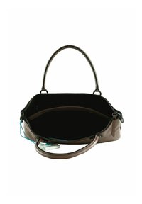 Sac à main en cuir marron avec fermeture éclair, double poignée, texture lisse et poche intérieure. Il présente une étiquette bleue sur le zip.
