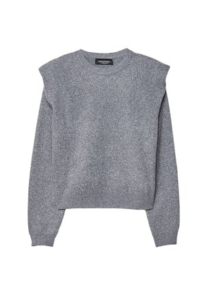 Maglione grigio a maniche lunghe in maglia con spalle imbottite, scollatura rotonda e polsini e orlo a coste.
