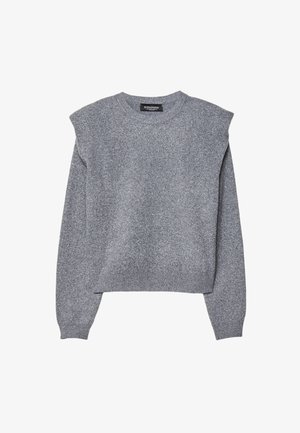 Grijze gebreide sweater met lange mouwen, gewatteerde schouders, ronde hals en geribbelde manchetten en zoom.