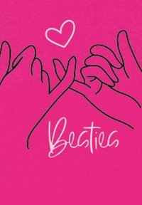 Różowe tło z dwoma konturowymi dłońmi splatającymi małe palce, z sercem nad nimi oraz napisem "Najlepsze przyjaciółki" w białym, kursywnym stylu.