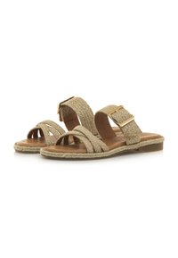 Sandali piatti con cinturini intrecciati in paglia dal design incrociato, con un dettaglio a fibbia e una soletta in pelle marrone chiaro.