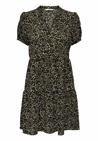 Robe imprimé léopard noir et beige avec manches courtes bouffantes, décolleté en V et jupe à volants. Confectionnée en tissu léger.