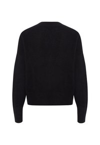 Suéter de punto negro con forma cuadrada, hombros caídos y puños y dobladillo de canalé. Textura suave, color sólido, sin patrones ni adornos.