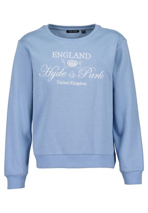 Sweat-shirt bleu clair à manches longues avec un texte blanc indiquant « ENGLAND Hyde Park United Kingdom » et un petit graphique de couronne au centre.
