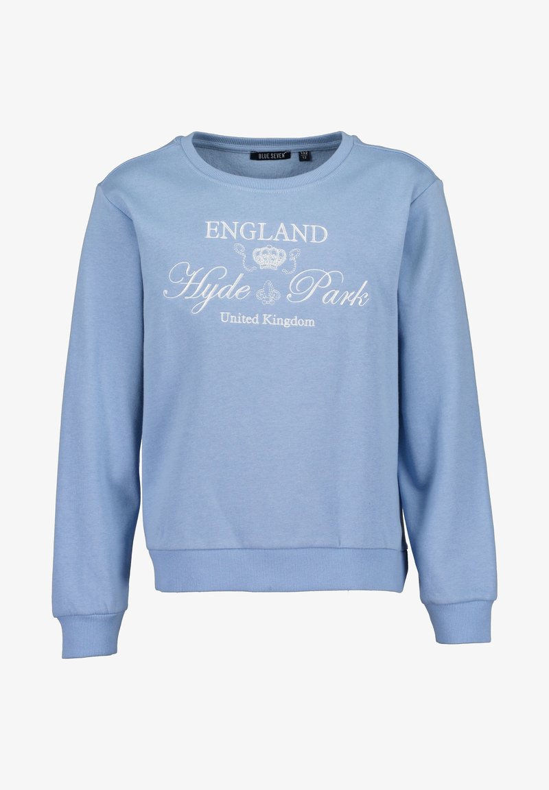 Sweat-shirt bleu clair à manches longues avec un texte blanc indiquant « ENGLAND Hyde Park United Kingdom » et un petit graphique de couronne au centre.