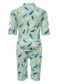 Kortärmad baddräkt i mintgrön färg med ett abstrakt penseldragmönster i blått, gult och gräddvit; tillverkad av flexibelt, snabbtorkande material.