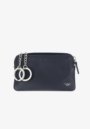 Pochette à clés en cuir bleu marine avec fermeture éclair et deux anneaux métalliques attachés par des chaînes d'un côté.