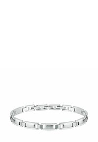 Bracciale in metallo argentato con maglie intrecciate, forme rettangolari e superficie liscia e lucida con una leggera finitura opaca in alcune sezioni.