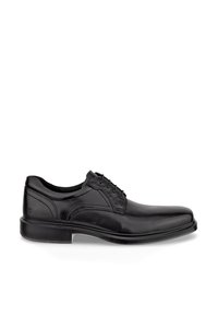 Chaussure habillée pour homme en cuir noir avec fermeture à lacets et petit talon, vue de profil sur fond blanc.