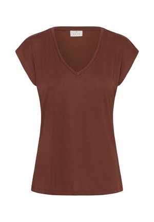 Braunes Damen-T-Shirt mit kurzen Ärmeln, V-Ausschnitt, legerer Passform und kleinem Label am Ausschnitt.