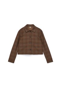Brown plaid cropped jacket with a button-up front, long sleeves, and a classic collar. Made of woven fabric with blue buttons.