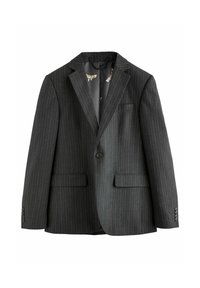 Dunkelgrauer Blazer mit Nadelstreifen, einreihig mit Reverskragen, aufgesetzten Taschen und gemustertem Futter. Mit knöpfbaren Manschetten.
